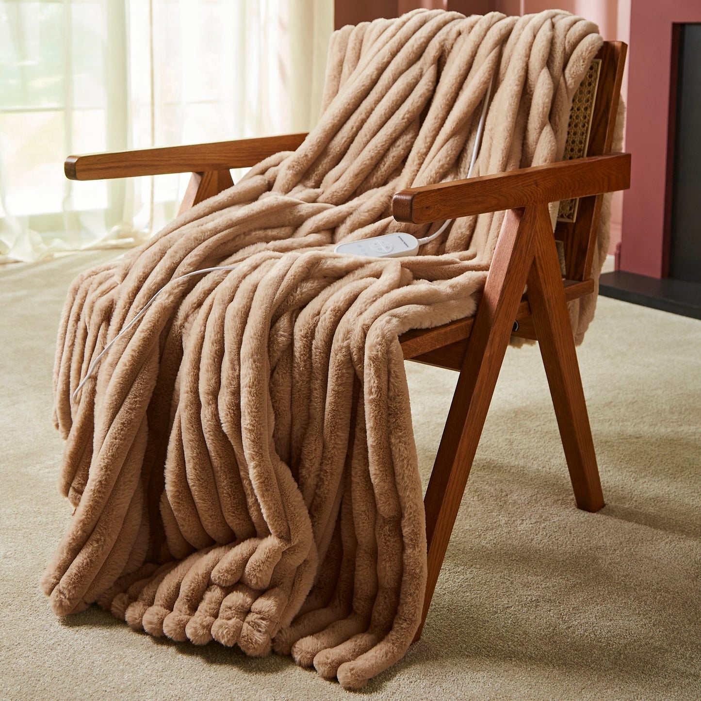 EverCosy Small Luxury Striped Fleece Electric Heated Throw - Mocha