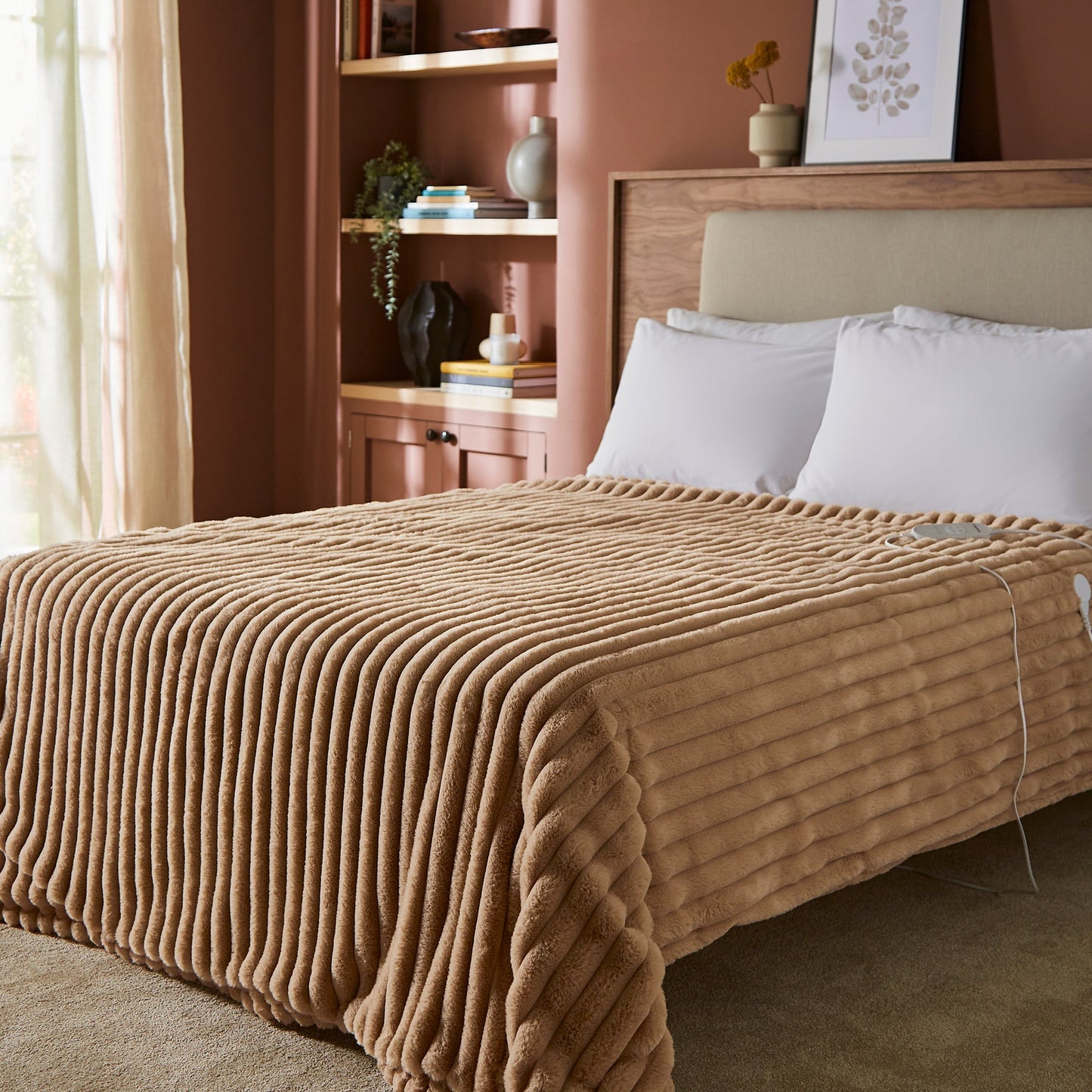 EverCosy Small Luxury Striped Fleece Electric Heated Throw - Mocha